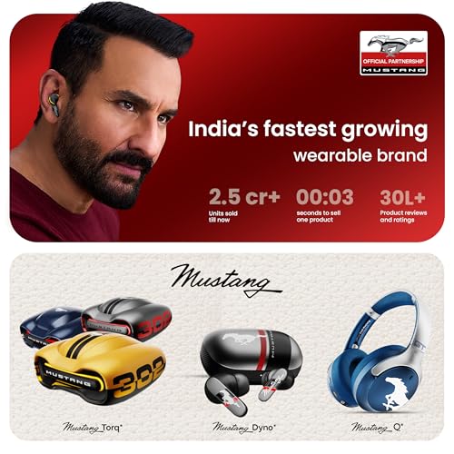 GOBOULT Mustang Torq Wireless in Ear Earbuds with 60H Playtime, App Support, Quad Mic ENC, 45ms Low Latency, 13mm Driver, Breathing LEDs,Touch Controls, Made in India, IPX5, Ear buds Wireless (Yellow)
