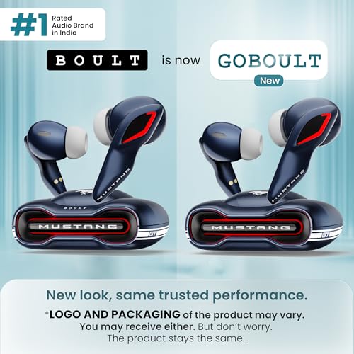 GOBOULT Mustang Torq Wireless in Ear Earbuds with 60H Playtime, App Support, Quad Mic ENC, 45ms Low Latency, 13mm Driver, Breathing LEDs,Touch Controls, Made in India, IPX5, Ear buds Wireless (Yellow)