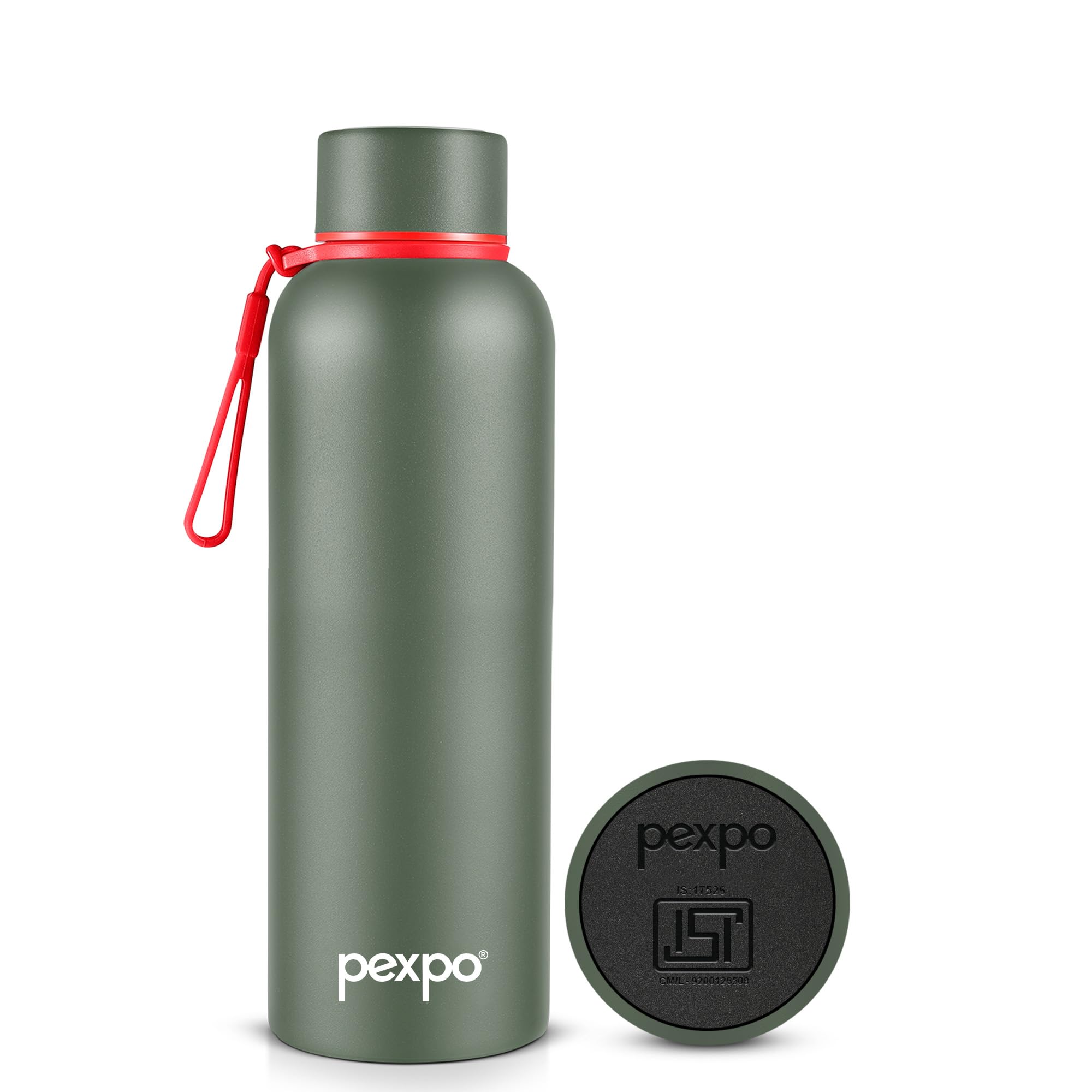Pexpo Bravo 1000 ISI Certified Stainless Steel Water Bottle - 980ml | Double Wall Vacuum Insulated Flask | Hot & Cold Thermos | Leakproof | Ideal for Home, Office, Gym, Outings - Military Green