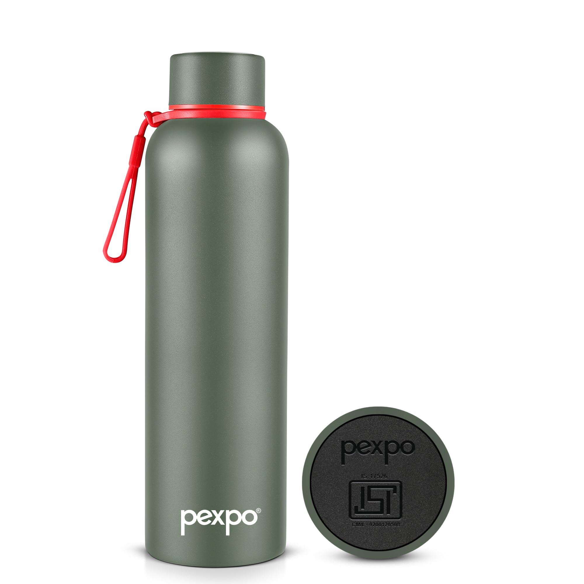 Pexpo Bravo 1000 ISI Certified Stainless Steel Water Bottle - 980ml | Double Wall Vacuum Insulated Flask | Hot & Cold Thermos | Leakproof | Ideal for Home, Office, Gym, Outings - Military Green
