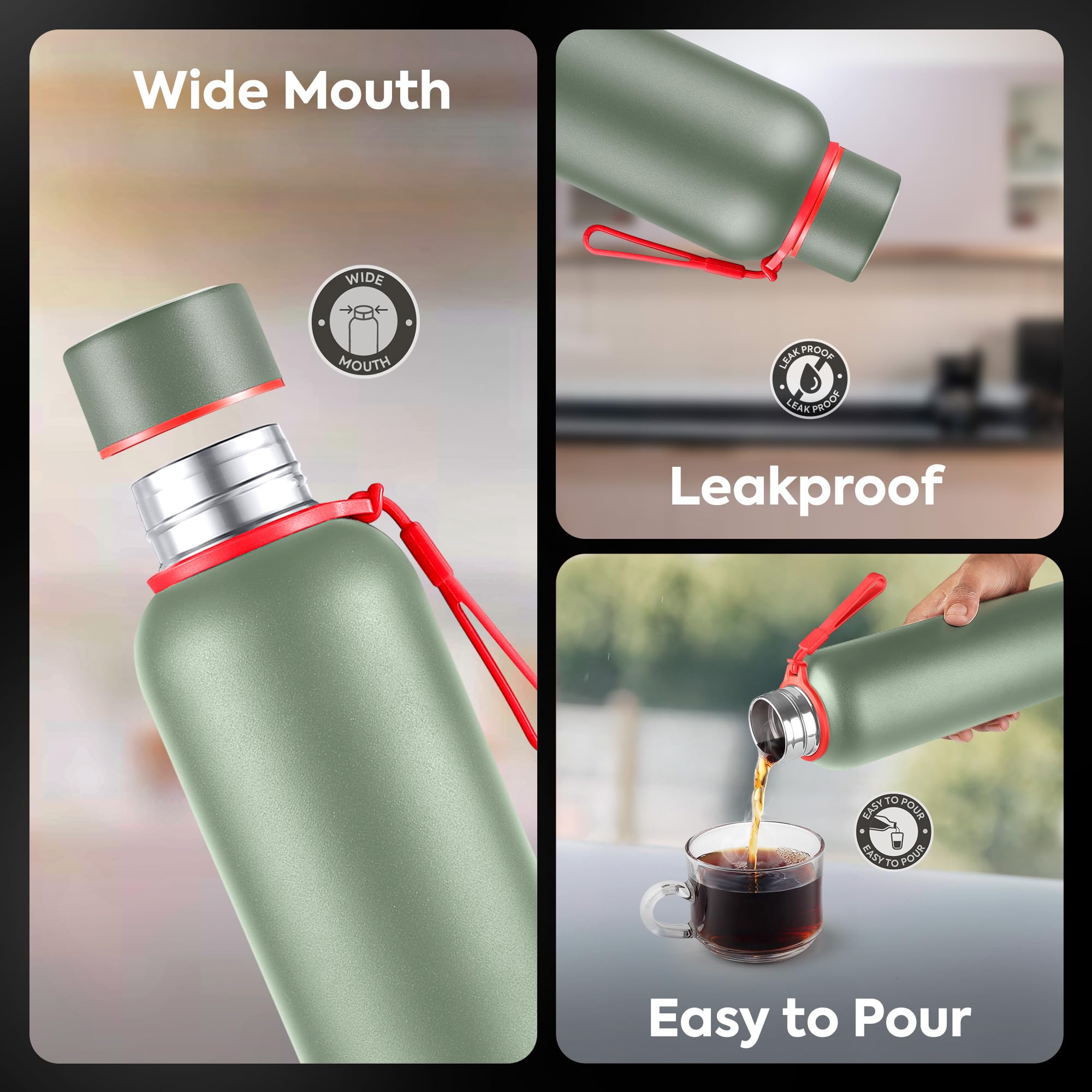 Pexpo Bravo 1000 ISI Certified Stainless Steel Water Bottle - 980ml | Double Wall Vacuum Insulated Flask | Hot & Cold Thermos | Leakproof | Ideal for Home, Office, Gym, Outings - Military Green