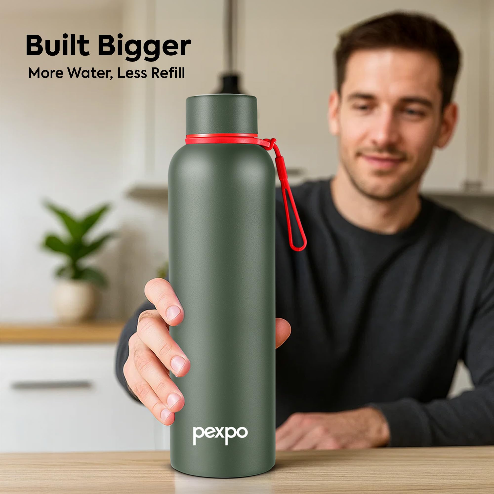 Pexpo Bravo 1000 ISI Certified Stainless Steel Water Bottle - 980ml | Double Wall Vacuum Insulated Flask | Hot & Cold Thermos | Leakproof | Ideal for Home, Office, Gym, Outings - Military Green