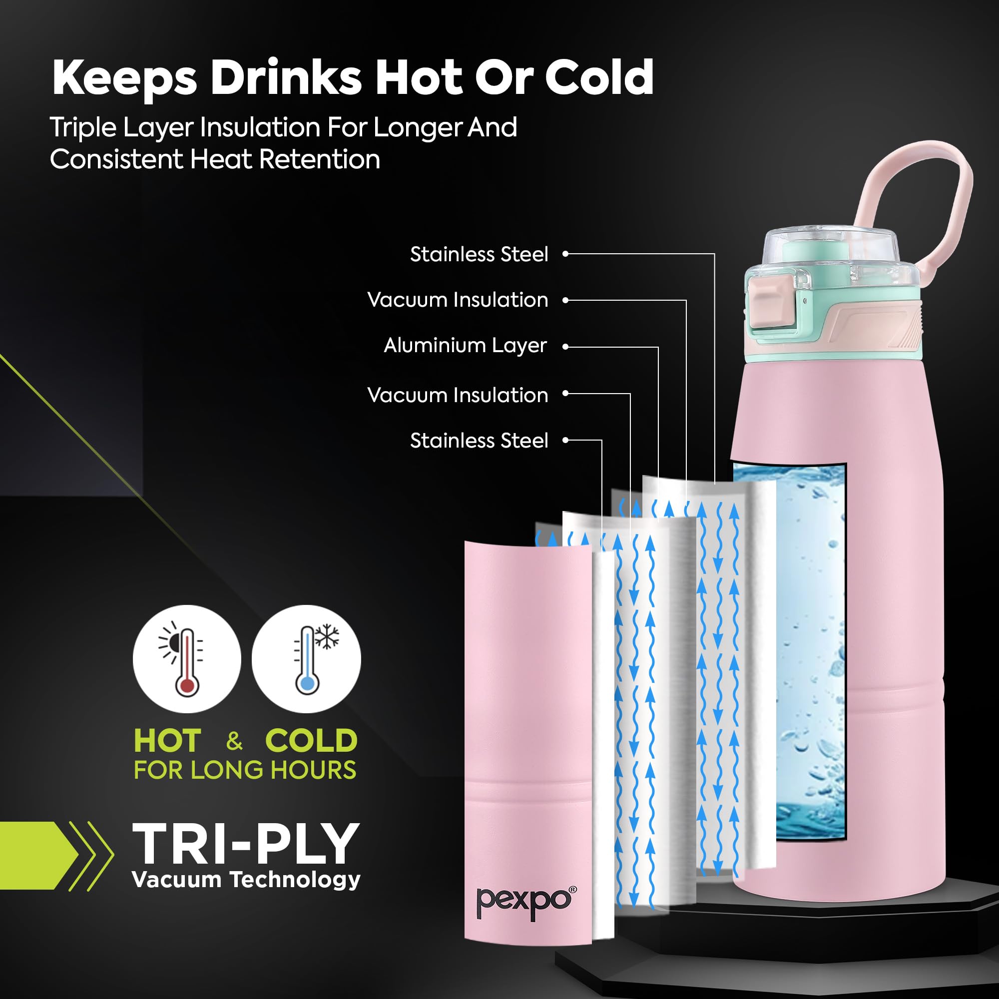 Pexpo Bravo 1000 ISI Certified Stainless Steel Water Bottle - 980ml | Double Wall Vacuum Insulated Flask | Hot & Cold Thermos | Leakproof | Ideal for Home, Office, Gym, Outings - Military Green
