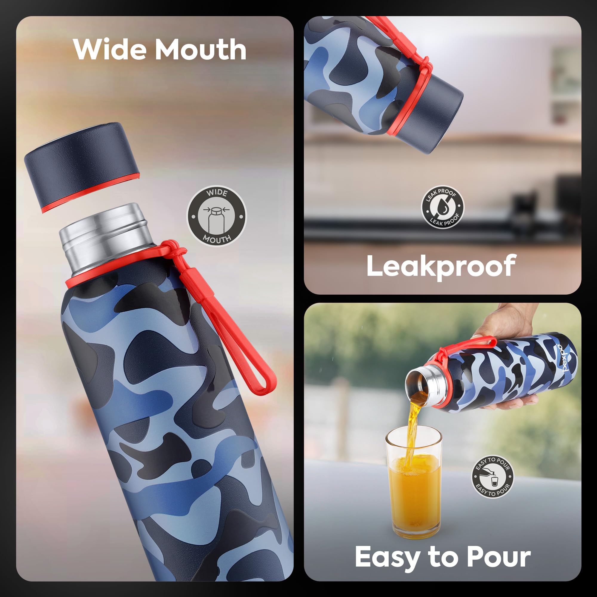 Pexpo Bravo 1000 ISI Certified Stainless Steel Water Bottle - 980ml | Double Wall Vacuum Insulated Flask | Hot & Cold Thermos | Leakproof | Ideal for Home, Office, Gym, Outings - Military Green
