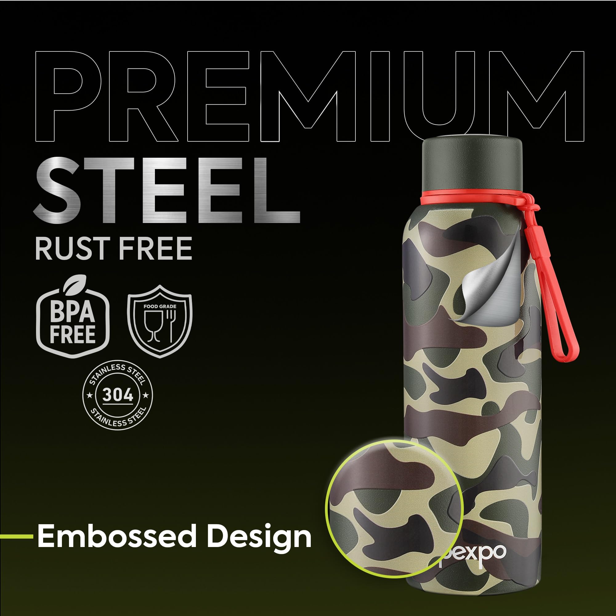 Pexpo Bravo 1000 ISI Certified Stainless Steel Water Bottle - 980ml | Double Wall Vacuum Insulated Flask | Hot & Cold Thermos | Leakproof | Ideal for Home, Office, Gym, Outings - Military Green