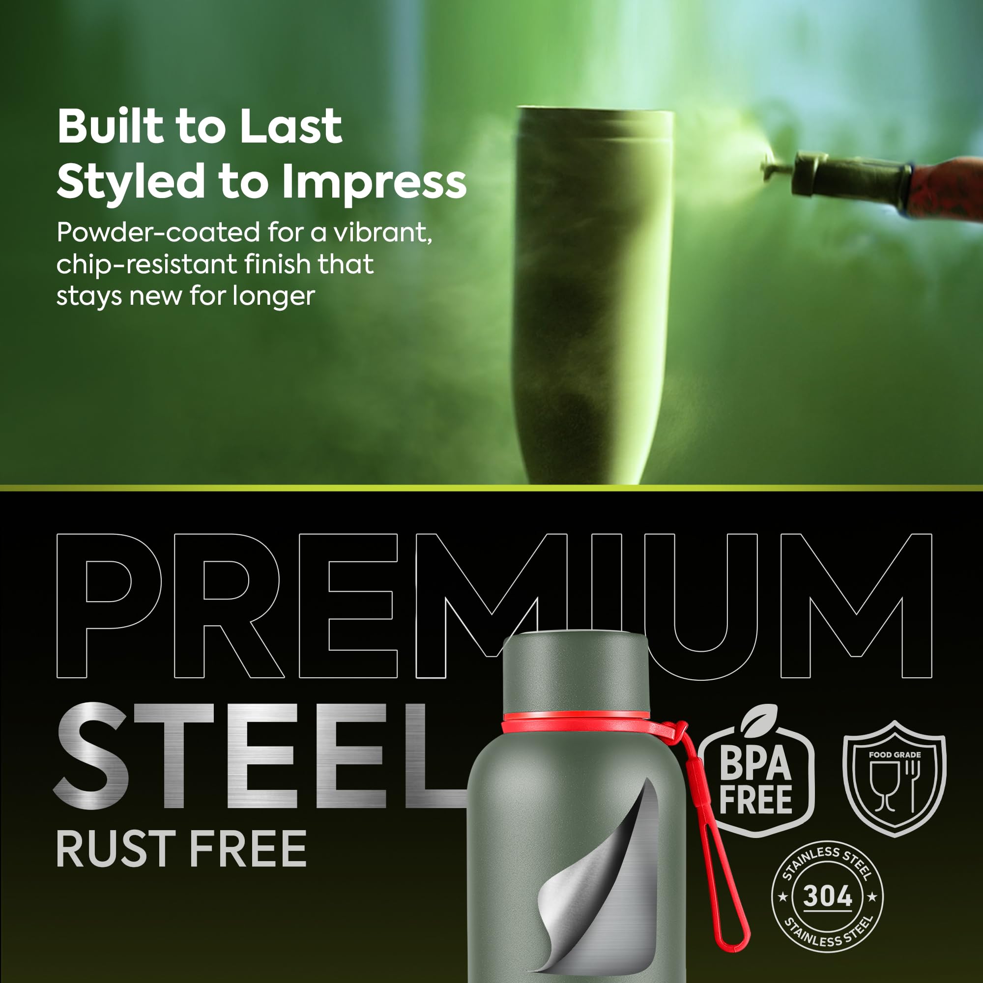 Pexpo Bravo 1000 ISI Certified Stainless Steel Water Bottle - 980ml | Double Wall Vacuum Insulated Flask | Hot & Cold Thermos | Leakproof | Ideal for Home, Office, Gym, Outings - Military Green