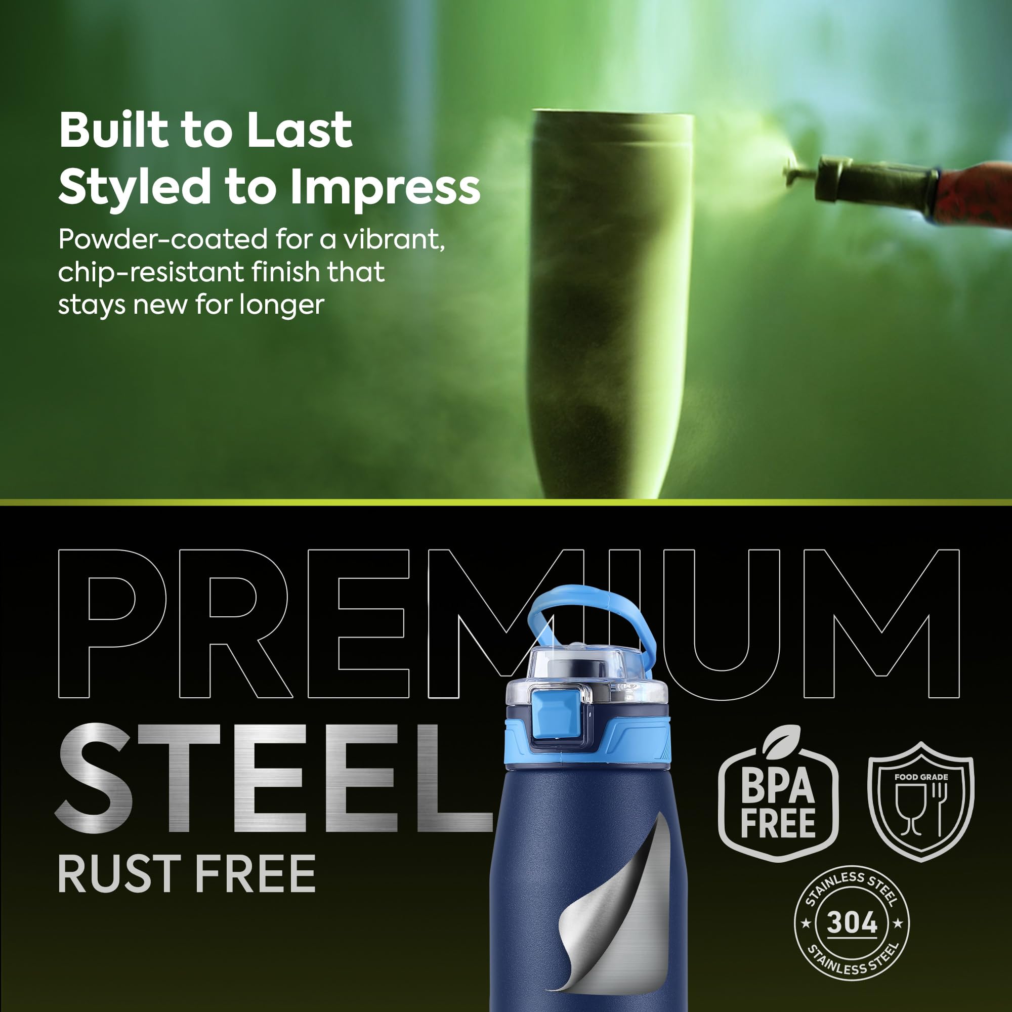 Pexpo Bravo 1000 ISI Certified Stainless Steel Water Bottle - 980ml | Double Wall Vacuum Insulated Flask | Hot & Cold Thermos | Leakproof | Ideal for Home, Office, Gym, Outings - Military Green