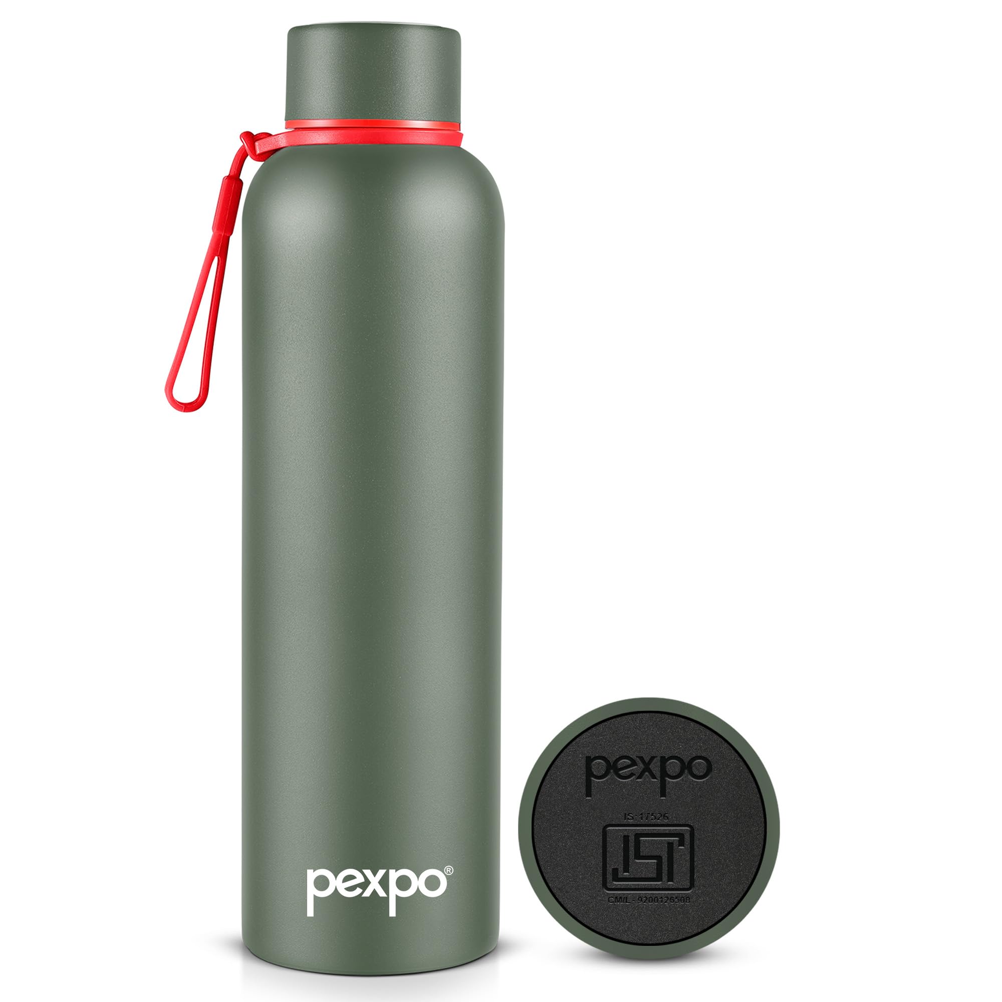 Pexpo Bravo 1000 ISI Certified Stainless Steel Water Bottle - 980ml | Double Wall Vacuum Insulated Flask | Hot & Cold Thermos | Leakproof | Ideal for Home, Office, Gym, Outings - Military Green