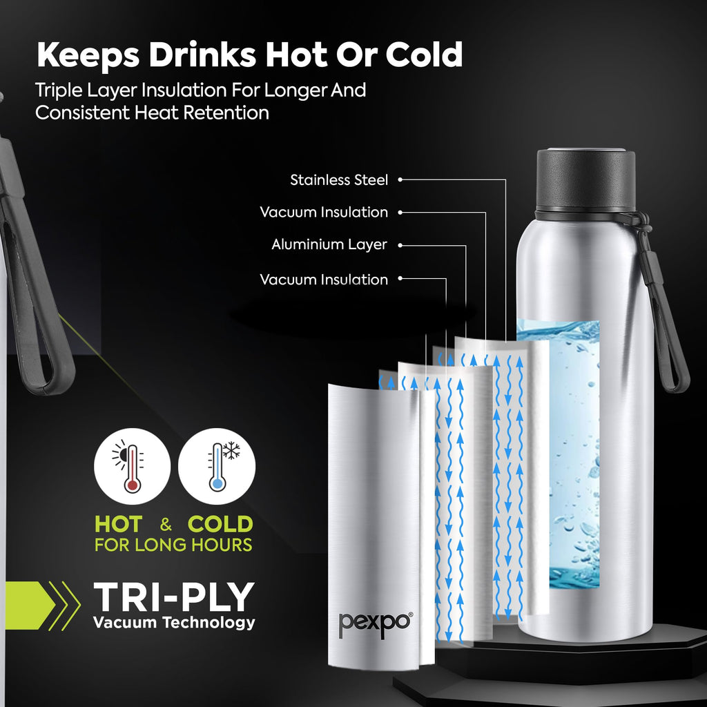 Pexpo Bravo 1000 ISI Certified Stainless Steel Water Bottle - 980ml | Double Wall Vacuum Insulated Flask | Hot & Cold Thermos | Leakproof | Ideal for Home, Office, Gym, Outings - Military Green
