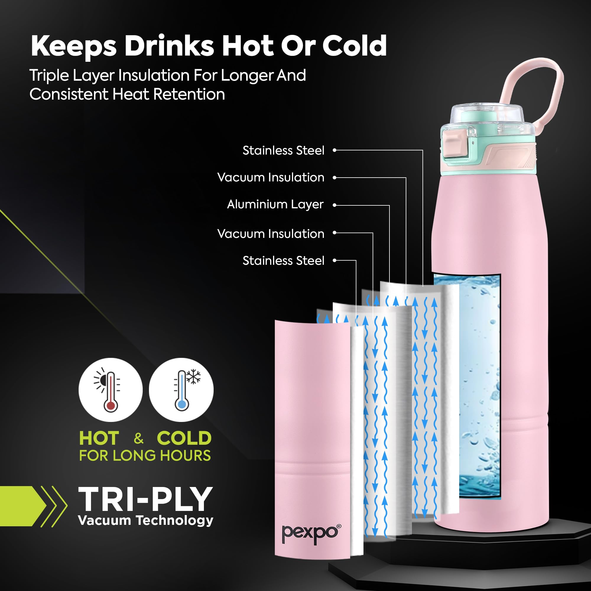Pexpo Bravo 1000 ISI Certified Stainless Steel Water Bottle - 980ml | Double Wall Vacuum Insulated Flask | Hot & Cold Thermos | Leakproof | Ideal for Home, Office, Gym, Outings - Military Green