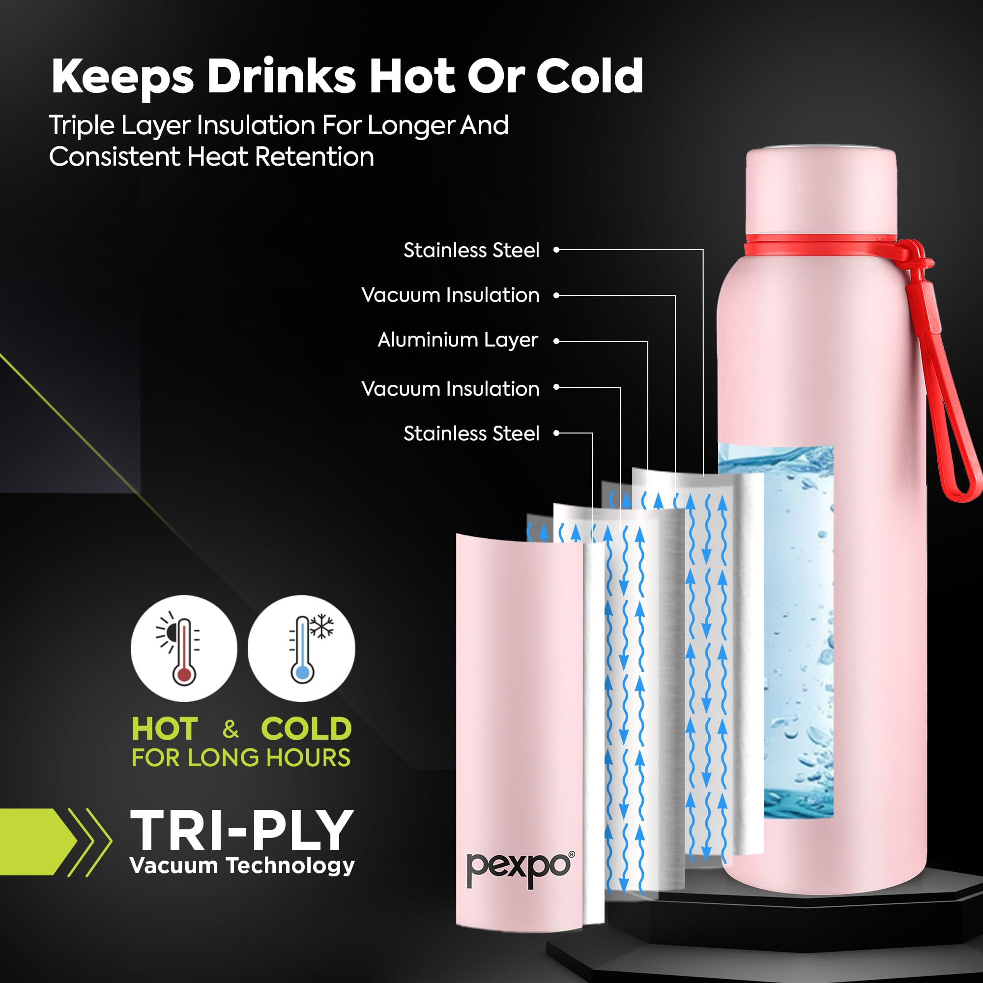 Pexpo Bravo 1000 ISI Certified Stainless Steel Water Bottle - 980ml | Double Wall Vacuum Insulated Flask | Hot & Cold Thermos | Leakproof | Ideal for Home, Office, Gym, Outings - Military Green