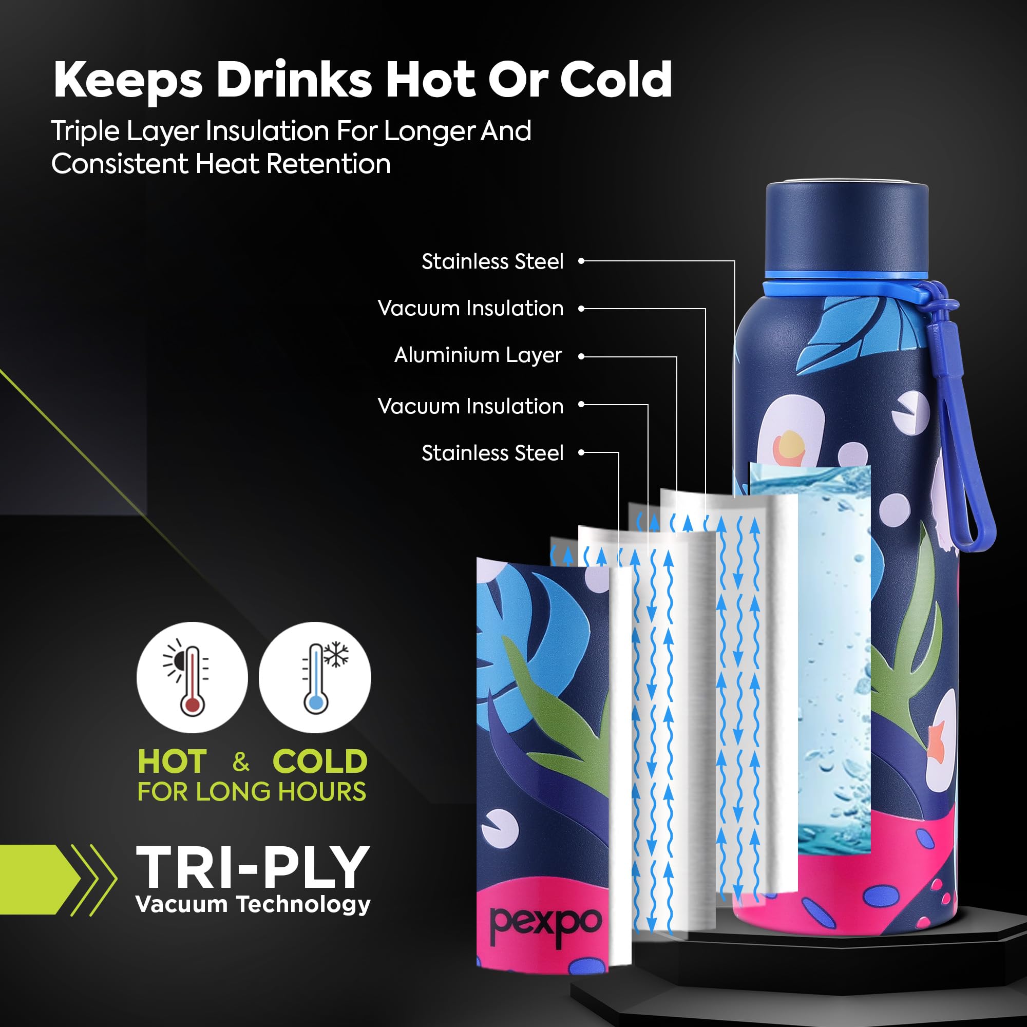 Pexpo Bravo 1000 ISI Certified Stainless Steel Water Bottle - 980ml | Double Wall Vacuum Insulated Flask | Hot & Cold Thermos | Leakproof | Ideal for Home, Office, Gym, Outings - Military Green