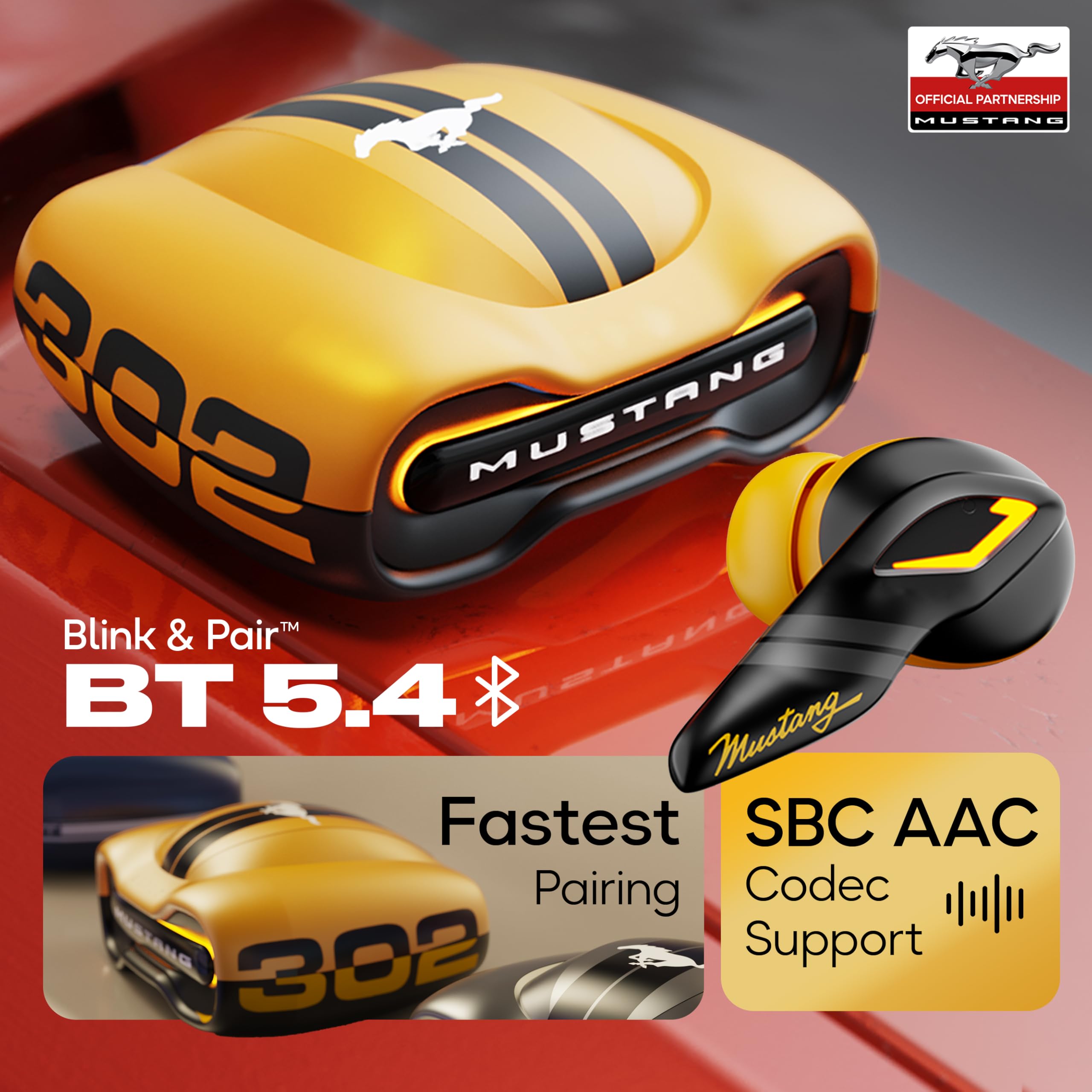 GOBOULT Mustang Torq Wireless in Ear Earbuds with 60H Playtime, App Support, Quad Mic ENC, 45ms Low Latency, 13mm Driver, Breathing LEDs,Touch Controls, Made in India, IPX5, Ear buds Wireless (Yellow)