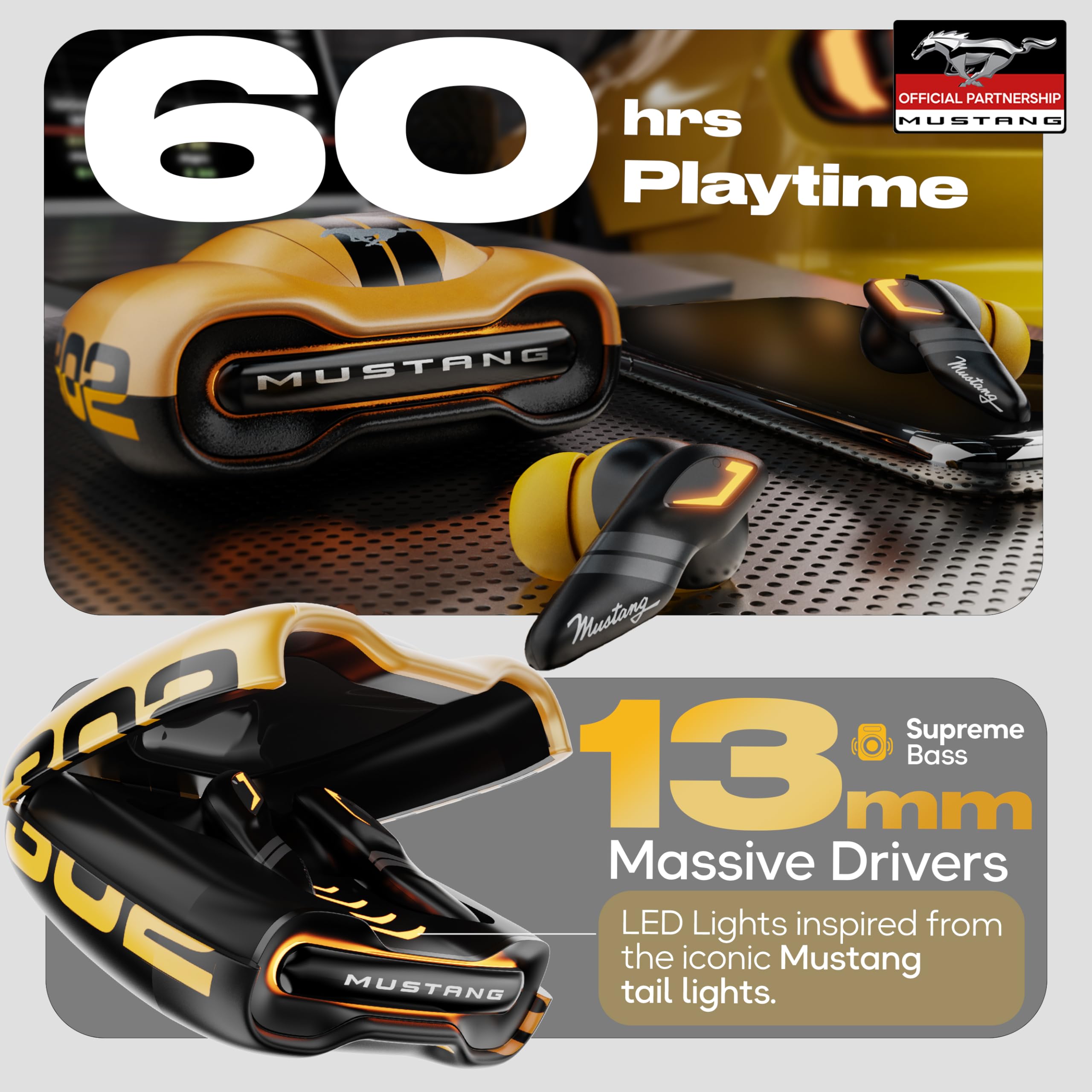 GOBOULT Mustang Torq Wireless in Ear Earbuds with 60H Playtime, App Support, Quad Mic ENC, 45ms Low Latency, 13mm Driver, Breathing LEDs,Touch Controls, Made in India, IPX5, Ear buds Wireless (Yellow)