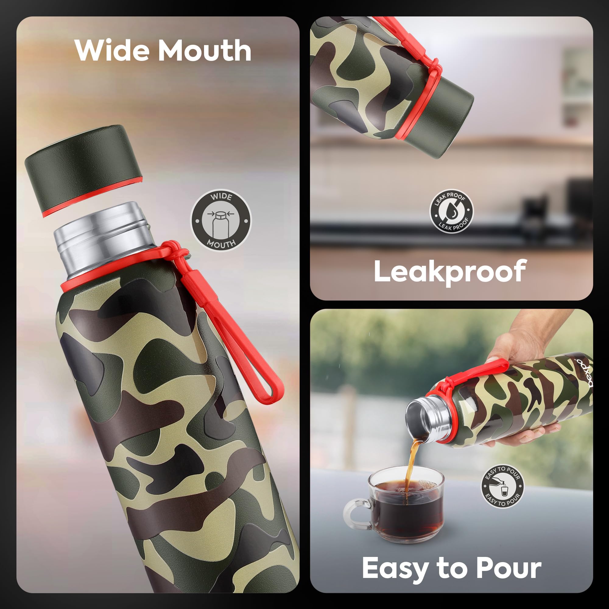 Pexpo Bravo 1000 ISI Certified Stainless Steel Water Bottle - 980ml | Double Wall Vacuum Insulated Flask | Hot & Cold Thermos | Leakproof | Ideal for Home, Office, Gym, Outings - Military Green