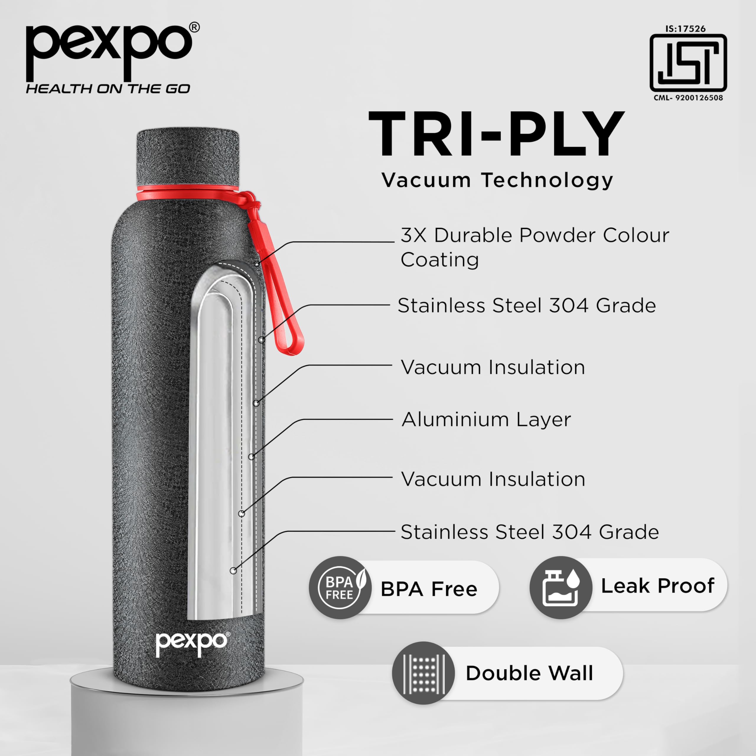 Pexpo Bravo 1000 ISI Certified Stainless Steel Water Bottle - 980ml | Double Wall Vacuum Insulated Flask | Hot & Cold Thermos | Leakproof | Ideal for Home, Office, Gym, Outings - Military Green