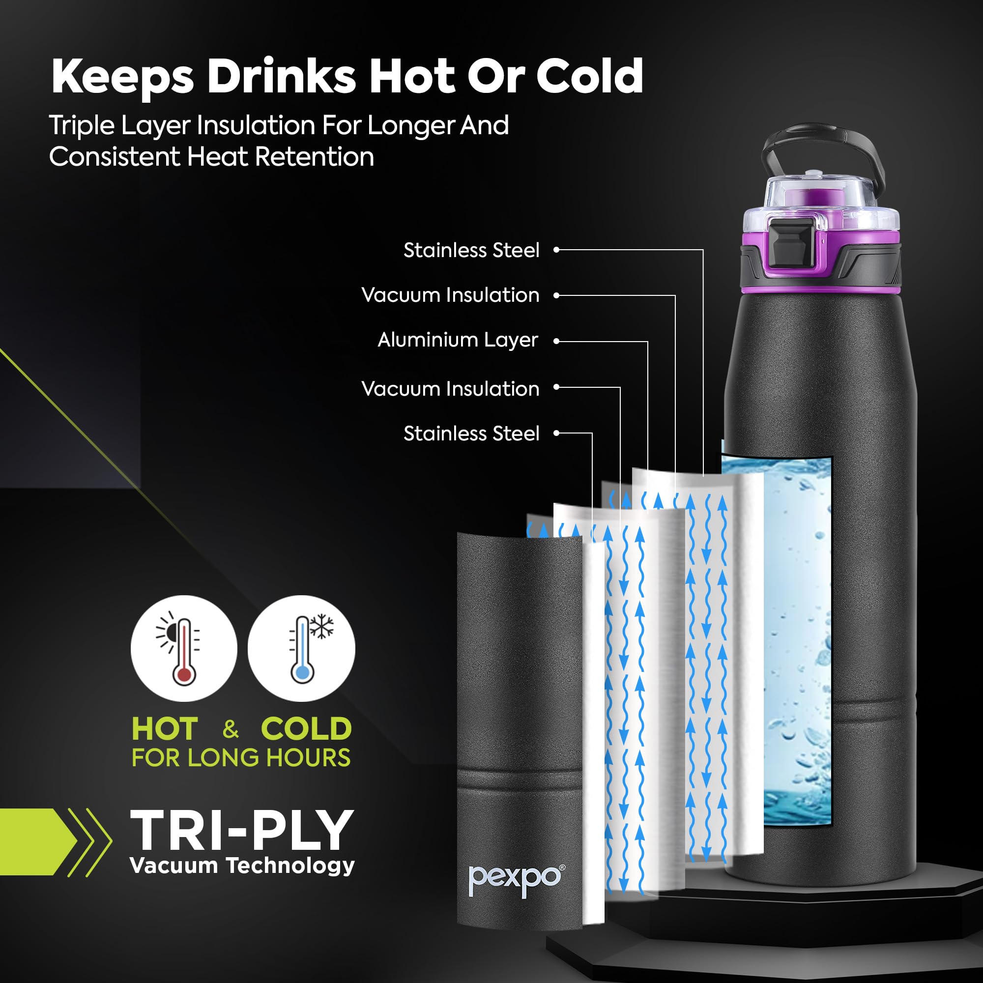 Pexpo Bravo 1000 ISI Certified Stainless Steel Water Bottle - 980ml | Double Wall Vacuum Insulated Flask | Hot & Cold Thermos | Leakproof | Ideal for Home, Office, Gym, Outings - Military Green