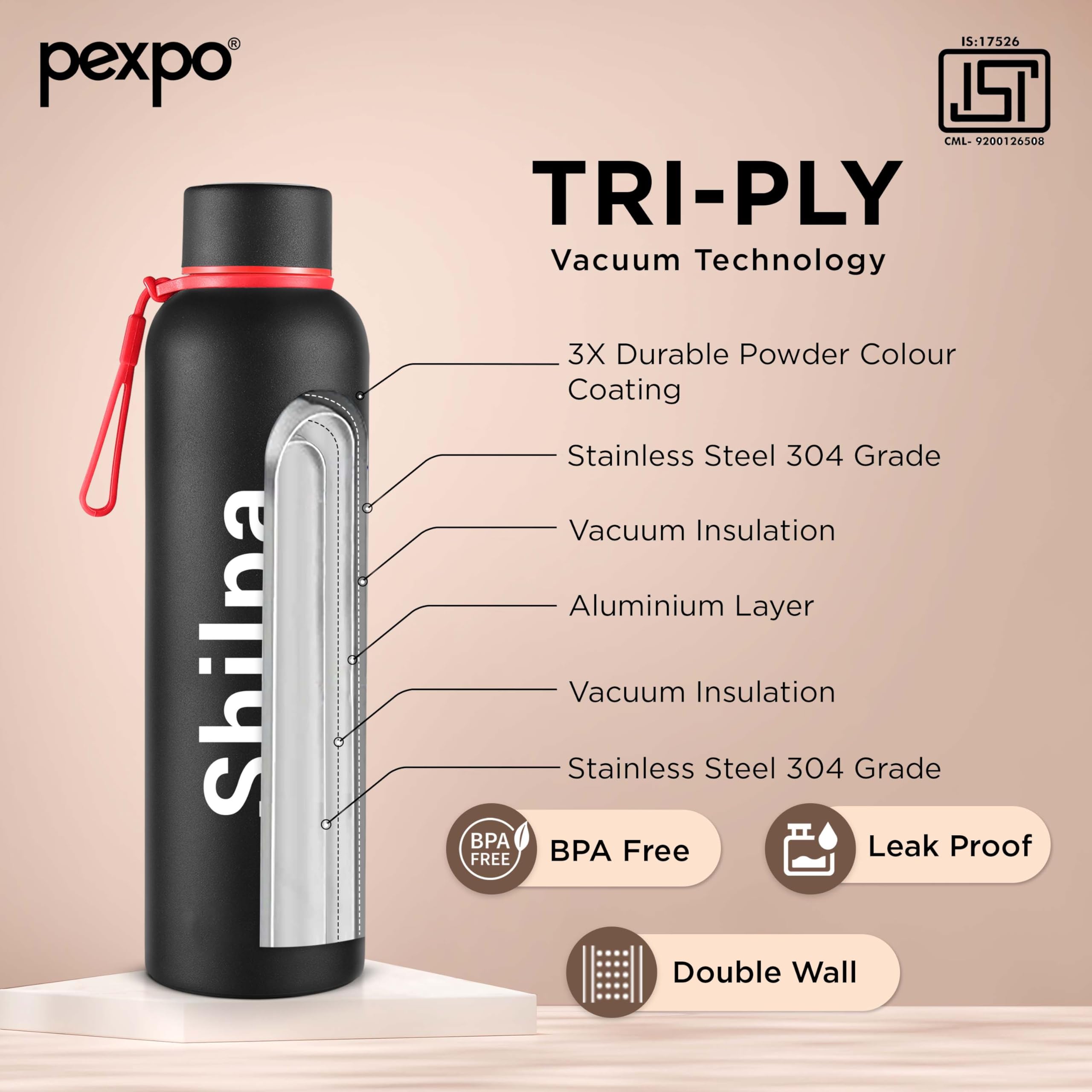 Pexpo Bravo 1000 ISI Certified Stainless Steel Water Bottle - 980ml | Double Wall Vacuum Insulated Flask | Hot & Cold Thermos | Leakproof | Ideal for Home, Office, Gym, Outings - Military Green