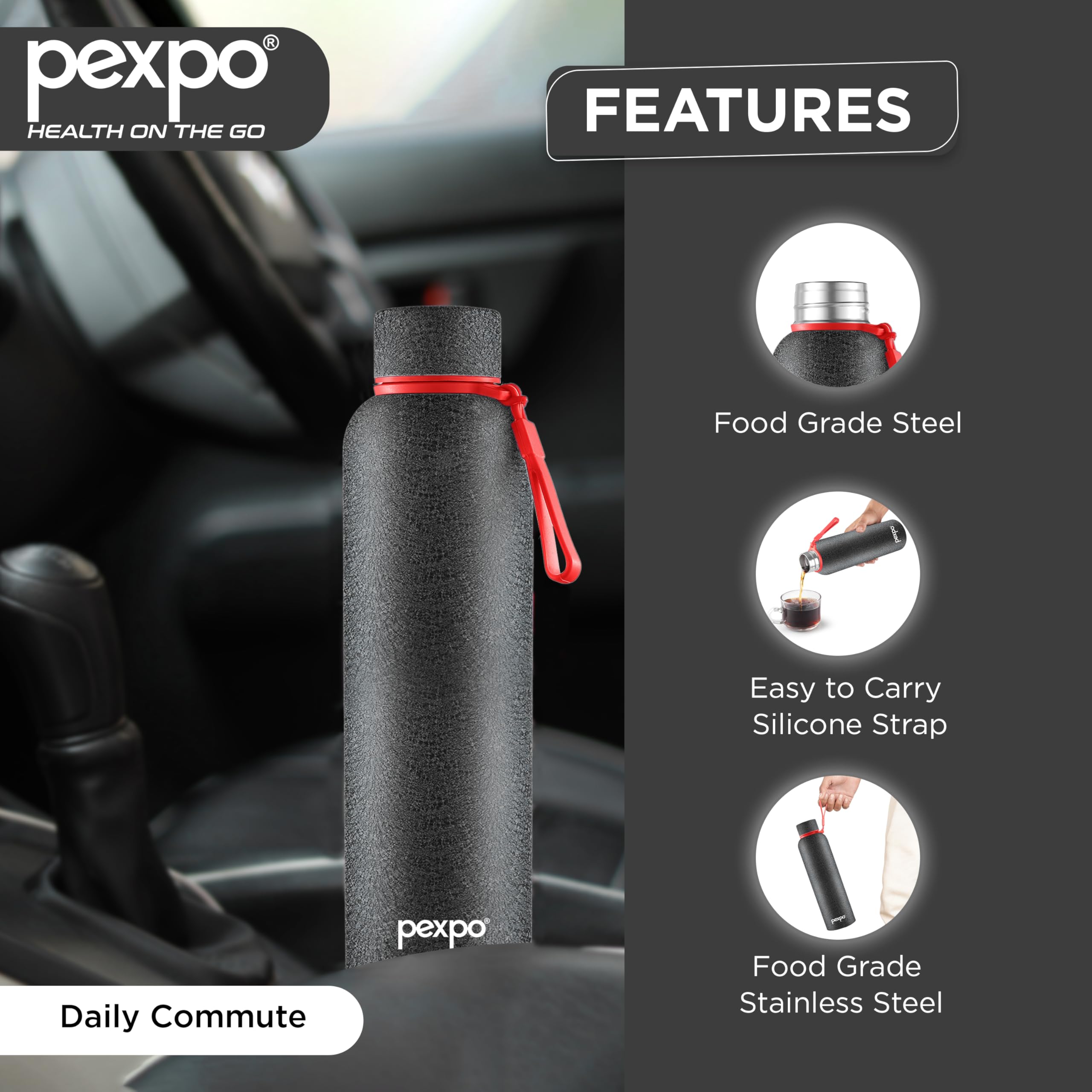 Pexpo Bravo 1000 ISI Certified Stainless Steel Water Bottle - 980ml | Double Wall Vacuum Insulated Flask | Hot & Cold Thermos | Leakproof | Ideal for Home, Office, Gym, Outings - Military Green
